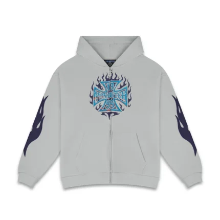 GREY CHOPPER FLAMES ZIP UP HOODIE