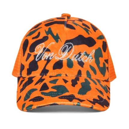 Orange Camo Velour Rhinestone Trucker Hat